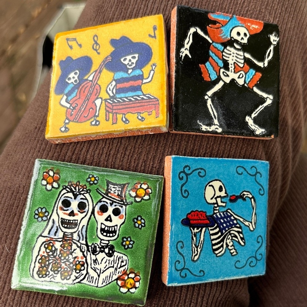 Set of 4 Mexican Talavera Day of theā Dead Skeleton Hand Painted Tiles 2x2